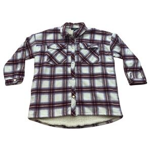 Forever 21 Sherpa Lined Flannel Shacket‎ Plaid Jacket Womens L Burgundy Cream